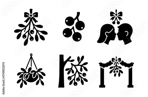 Black and white mistletoe christmas icons with silhouettes and nature elements