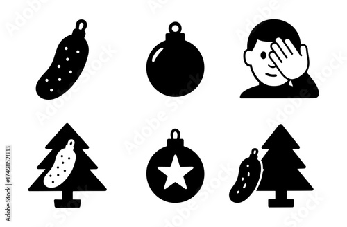 Minimalist holiday icons collection: christmas symbols in black silhouette style