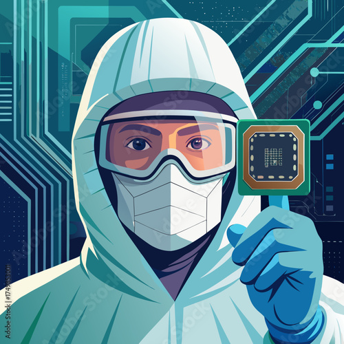 Scientist in protective gear holds a microchip with futuristic circuit board background
