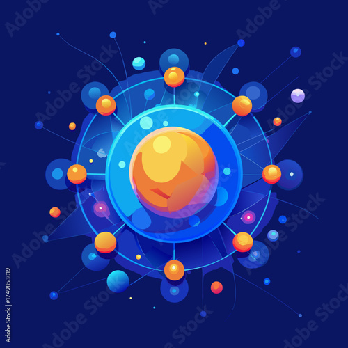 Abstract digital art of a celestial body and orbiting orbs