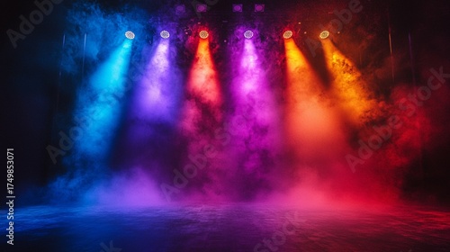Stage Lighting with Colorful Spotlights and Smoke Effects, Concert Venue Background, Entertainment Industry, Performance Arts, Abstract Visuals, Modern Design