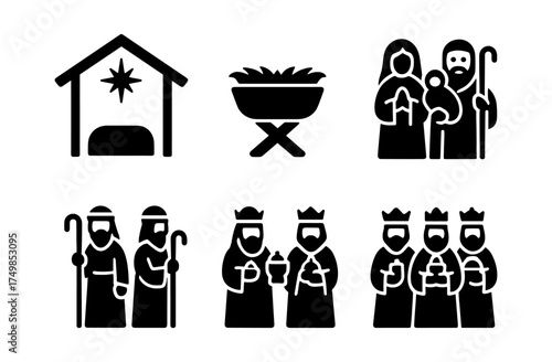 Minimalist nativity scene with silhouette icons of holy family and three wise men