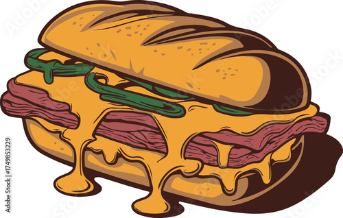 Delicious cartoon illustration of a loaded roast beef sandwich with melted cheese