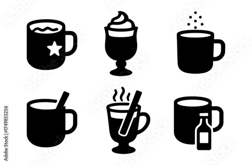 Set of silhouette coffee mug icons featuring hot beverages and decorative elements