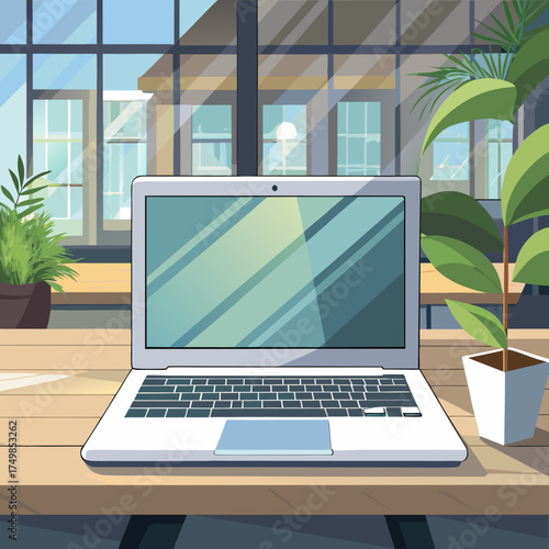 Modern laptop on a wooden desk with potted plants and large windows