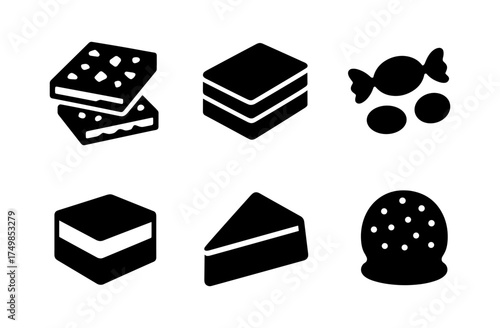 Silhouette icons of sweets and baked goods including candy, cookies, and cake slices