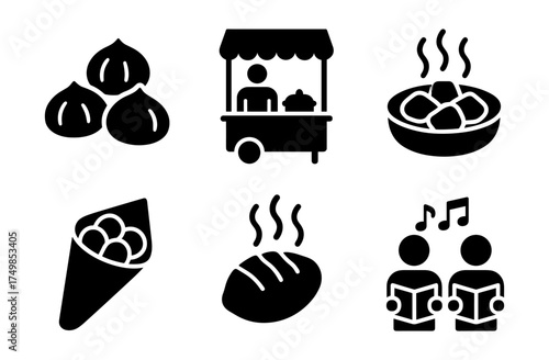 Street food festival icons featuring dumplings, vendors, and musical performers