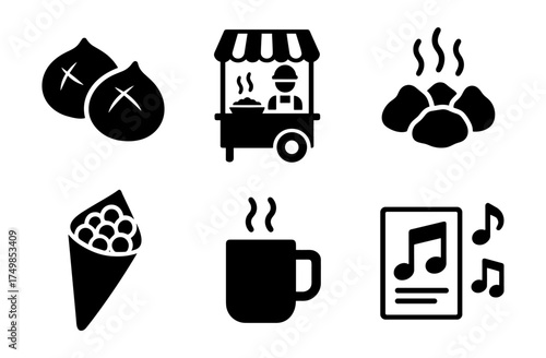 Icon set: chestnuts, street food, coffee, and music elements in bold silhouette style