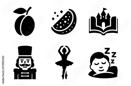 Playful icon set: fruits, fairytale castle, ballet, nutcracker, sleeping child