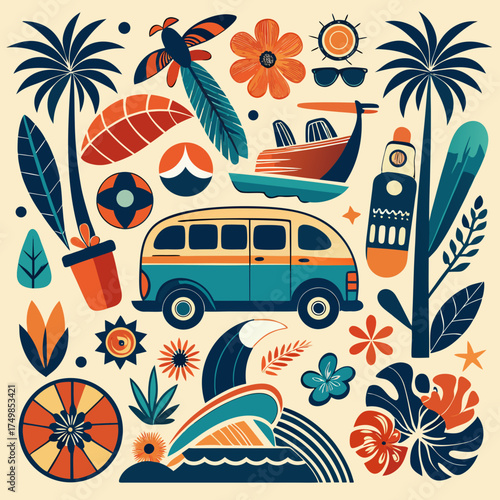 Retro summer vacation vibes with van and tropical elements