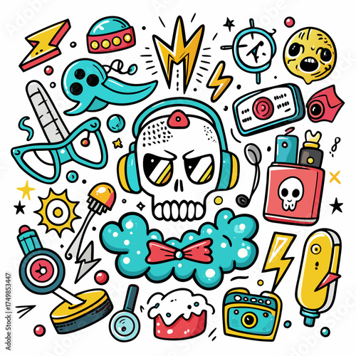 Whimsical doodle art featuring a skull with headphones and various fun elements