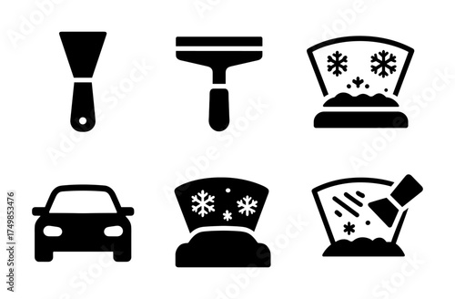 Winter car maintenance icons: snowy windshield and defrost tools collection