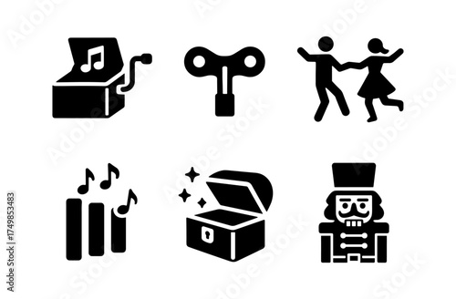 Musical icons: music box, dancing silhouettes, and treasure chest collection
