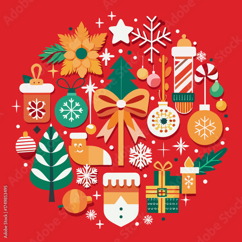 Festive christmas ornaments and decorations arranged in a circle