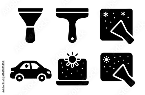 Winter car care icons: ice scraper and snow removal silhouettes