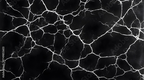 Black surface with a complex network of bright white cracks.