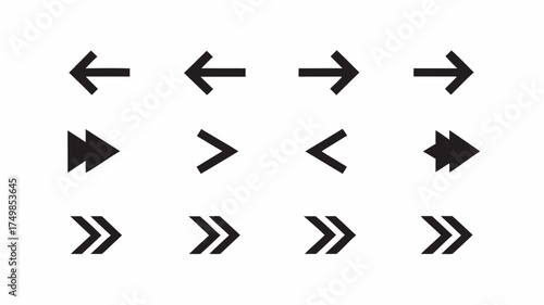 Twelve black arrow symbols pointing in different directions on a white background in a vector graphic design | editable eps vectors silhouette