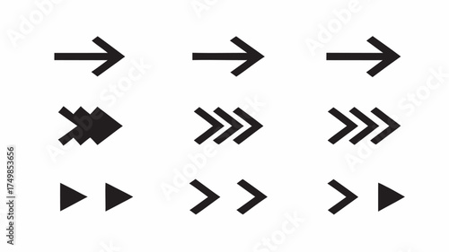A collection of nine black arrow symbols pointing right with different styles and arrangements shown clearly | editable eps vectors silhouette