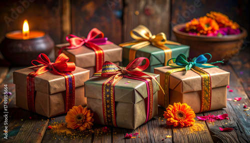 A festive arrangement of beautifully wrapped gifts with colorful ribbons and a glowing candle.