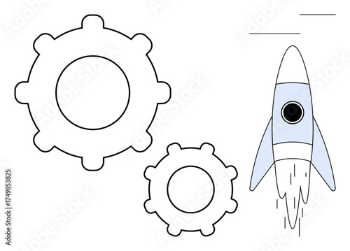 Rocket ascending beside two gears of different sizes. Ideal for technology, teamwork, progress, engineering, startup, innovation, and success concepts. Simple flat metaphor