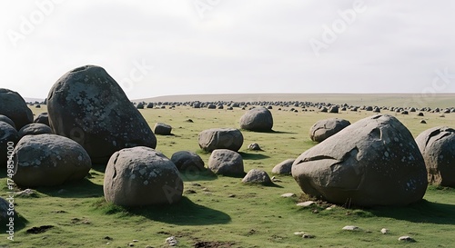 Mysterious Moeraki Boulders Scattered on Green Coastal Landscape.