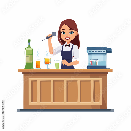 Cartoon bartender holding microphone at a bar drinks and equipment