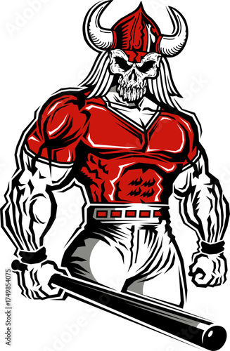 muscular viking skull mascot holding a baseball bat for school, college or league sports	