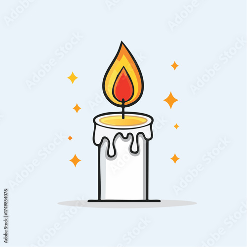 Candle illustration with flame and surrounding sparkles on a light background