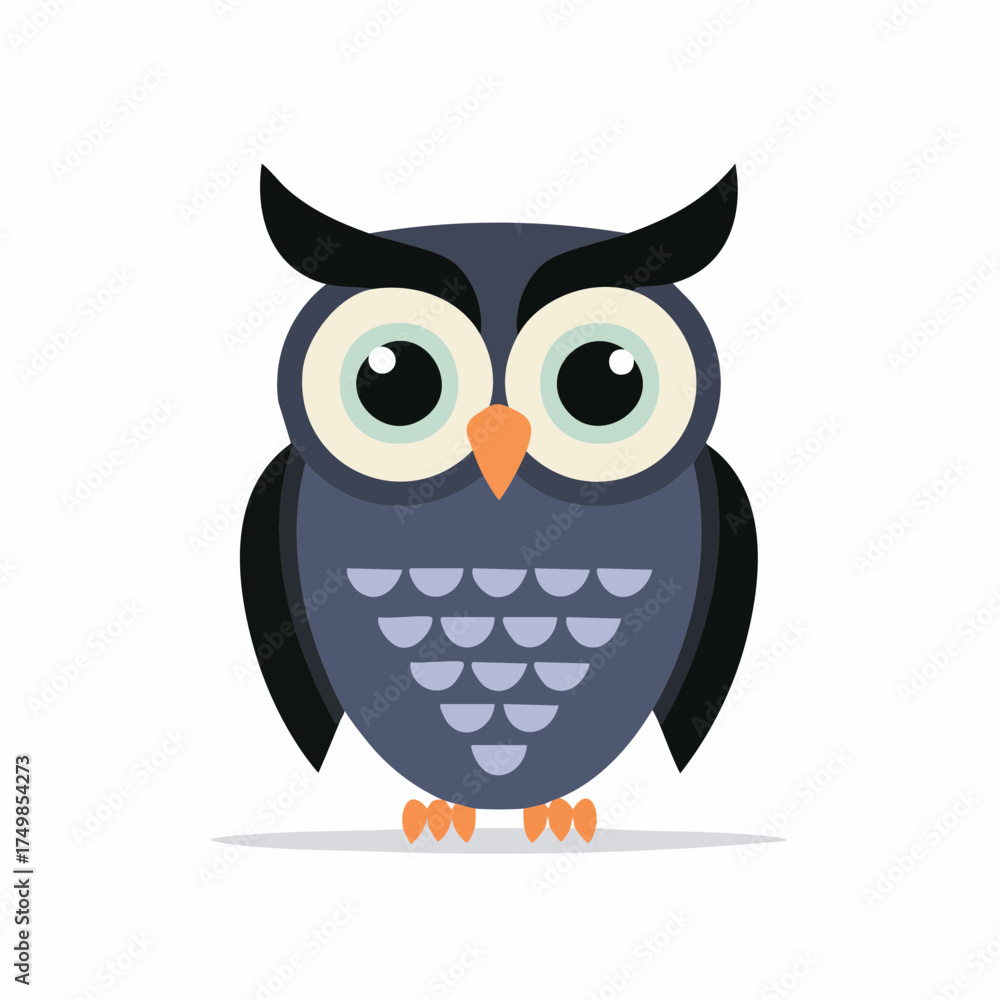 Fototapeta premium Cartoon owl illustration with big eyes and detailed feathers on white background