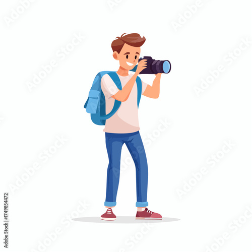 Cartoon photographer with camera and backpack on white background