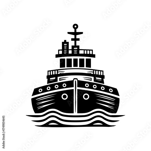 Stylized front view of a tugboat sailing forward, representing maritime transport, shipping industry, and ocean logistics.
