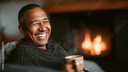 Happy mature man drinking coffee by cozy fireplace, laughing che