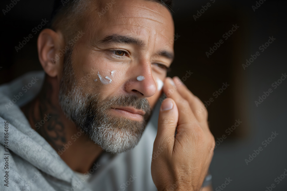 Obraz premium Man with psoriasis applies topical cream to his face with care, hoping for relief and feeling sense of vulnerability