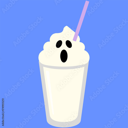 Ghost milkshake with straw on blue background.