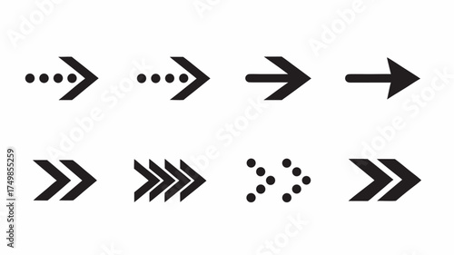 Collection of eight different arrow designs pointing to the right in a simple black and white illustration | editable eps vectors silhouette