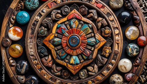 Wallpaper Mural A close-up of a circular wooden artifact with intricate carvings and an array of colorful gems, arranged around the central design Torontodigital.ca