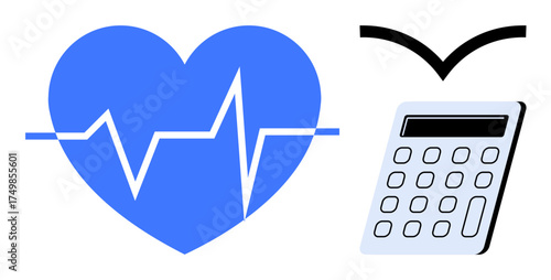 Blue heart with ECG line, floating calculator, abstract arrow. Ideal for health monitoring, fitness goals, wellness tracking, medical technology, financial planning, personal budgeting simple flat
