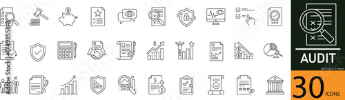Minimal Audit Line Icon Set 30 Outline Symbols for Finance, Report, and Inspection Design