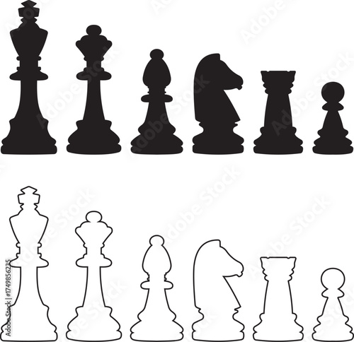 Vector chess illustration featuring king, queen, pawn, rook, bishop, and knight on chessboard. Perfect for strategy, sport, and game design projects. Set of chess figures