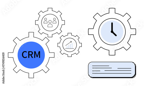 CRM, clock, graph, team in interlocking gears convey management, productivity, collaboration, and technology. Ideal for business strategy, customer relations project planning workflow time