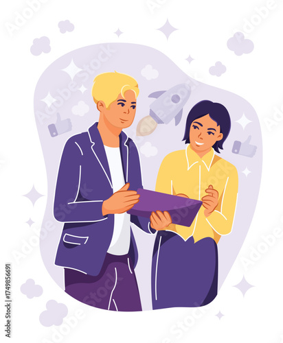 Business Discussion. Flat style characters. Project communication between coworkers. Corporate partnership. Vector Cartoon Illustration
