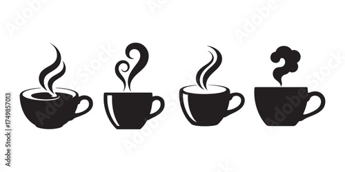 Minimalistic Black and White Coffee Cup Vector Icon Set Isolated
