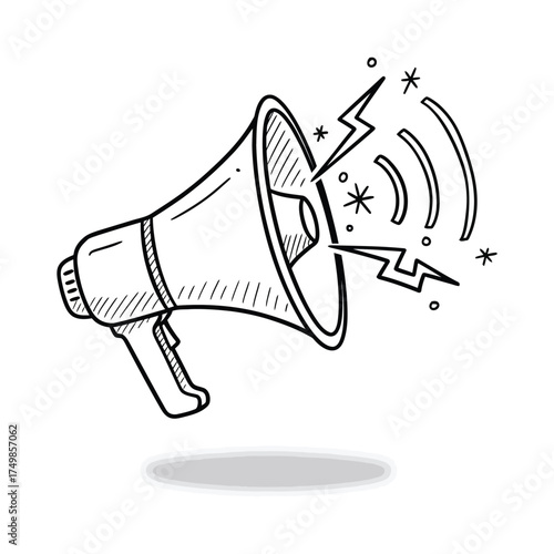 Hand-Drawn Megaphone Illustration with Sound Waves and Sparkles.