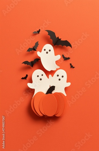 Unique Paper Art Decoration Featuring Ghosts and Bats on a Pumpkin for Hallow...
