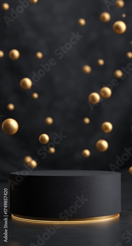 Gold Spheres Float Above a Dark Circular Platform Creating a Modern Art Scene