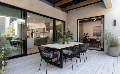 Modern Outdoor Dining Area With Scenic View in Contemporary Home at Midday