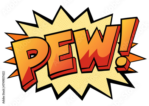 Comic lettering < Pew! > Vector bright cartoon illustration in retro pop art style. Comic text sound effects. 