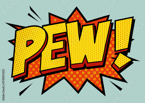 Comic lettering < Pew > Vector bright cartoon illustration in retro pop art style. Comic text sound effects. 