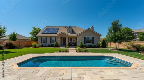 Beautiful suburban home with a sparkling swimming pool and solar panels on the roof on a clear sunny day