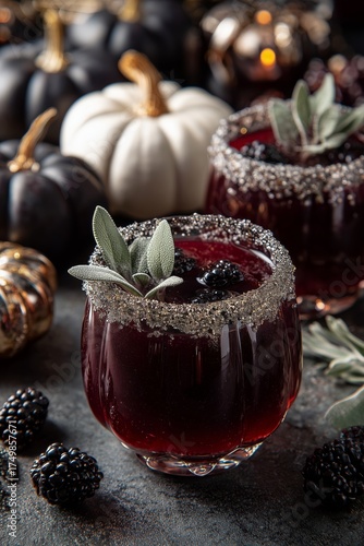 Blackberry Cocktail Served in Elegant Glasses With Fall Decorations for a Fes...